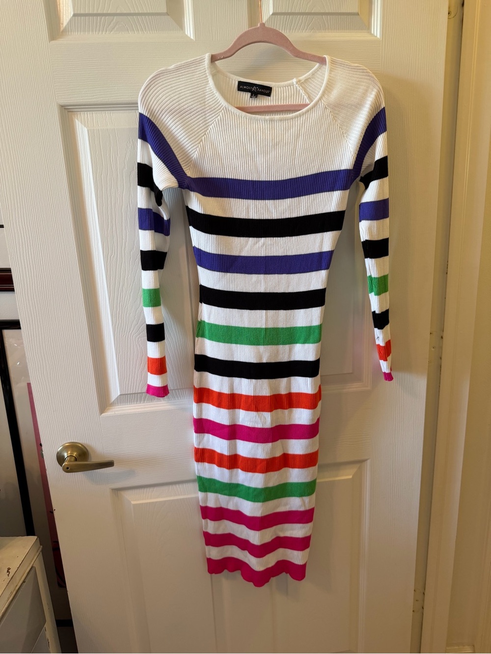 Almost Famous White Striped Dress with Purple, Black, Green, Orange, Pink